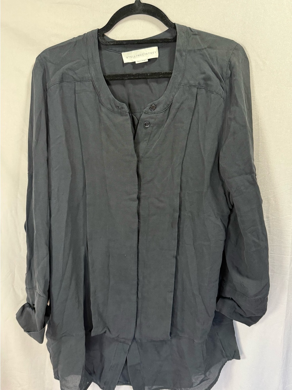 Stella McCartney Silk Blend Sheer Tunic Blouse Gray Long Sleeve Top